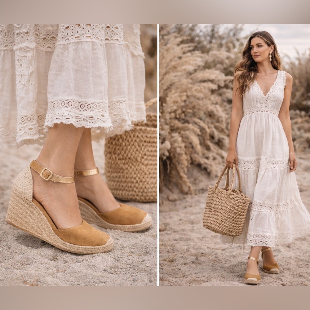 NEW Kanna Made in Spain Tan Suede Wedge Espadrilles Close Toe Sandals Size 8
